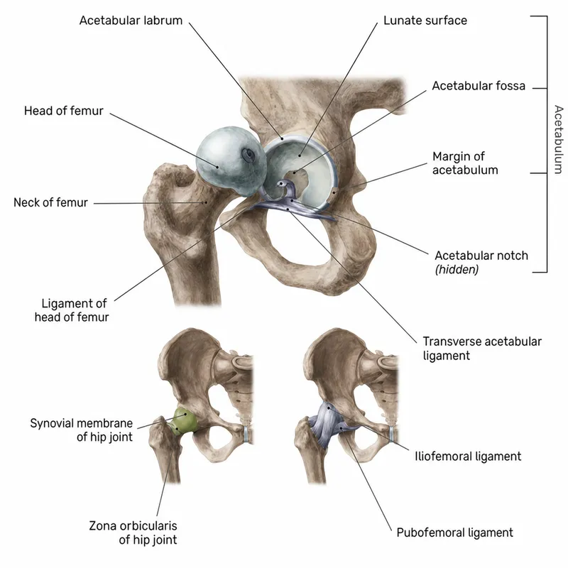 Hip joint anatomy: bones, labrum, capsule, ligaments