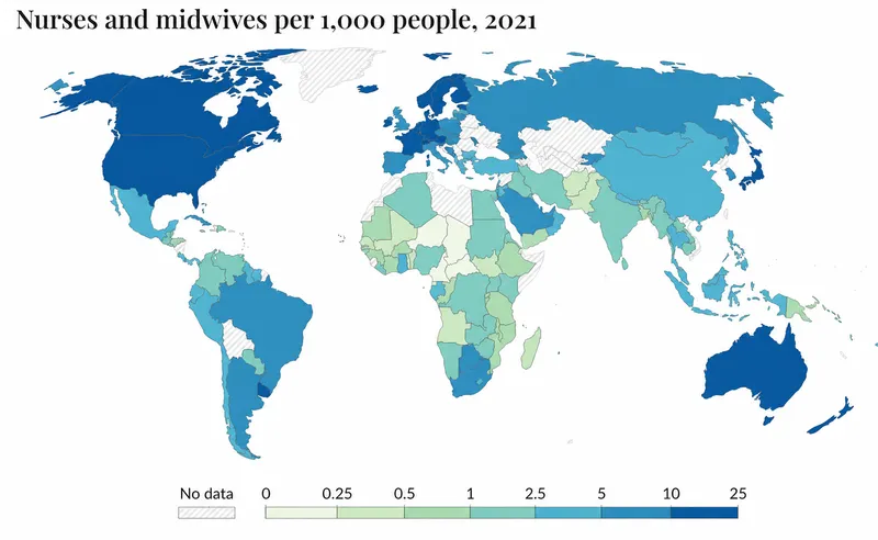 Health workforce density map showing global distribution and shortage areas