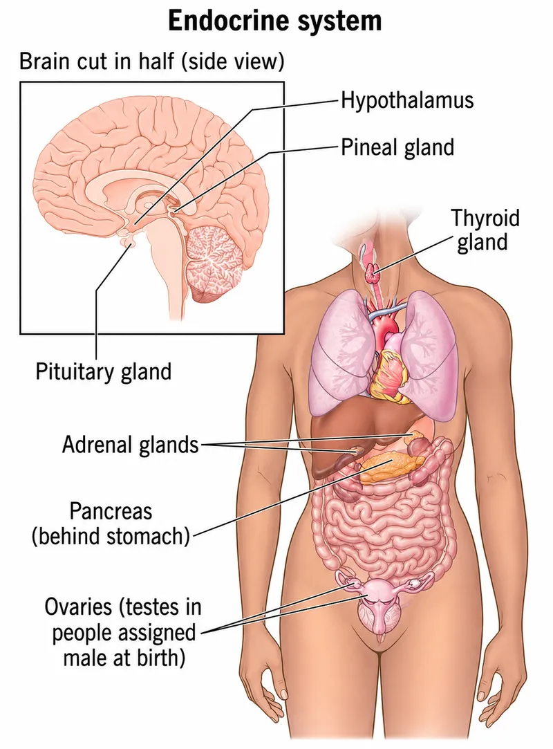 Comprehensive endocrine system anatomy showing major glands and hormone pathways