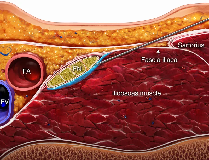 Ultrasound-guided nerve block procedure showing needle placement and local anesthetic spread