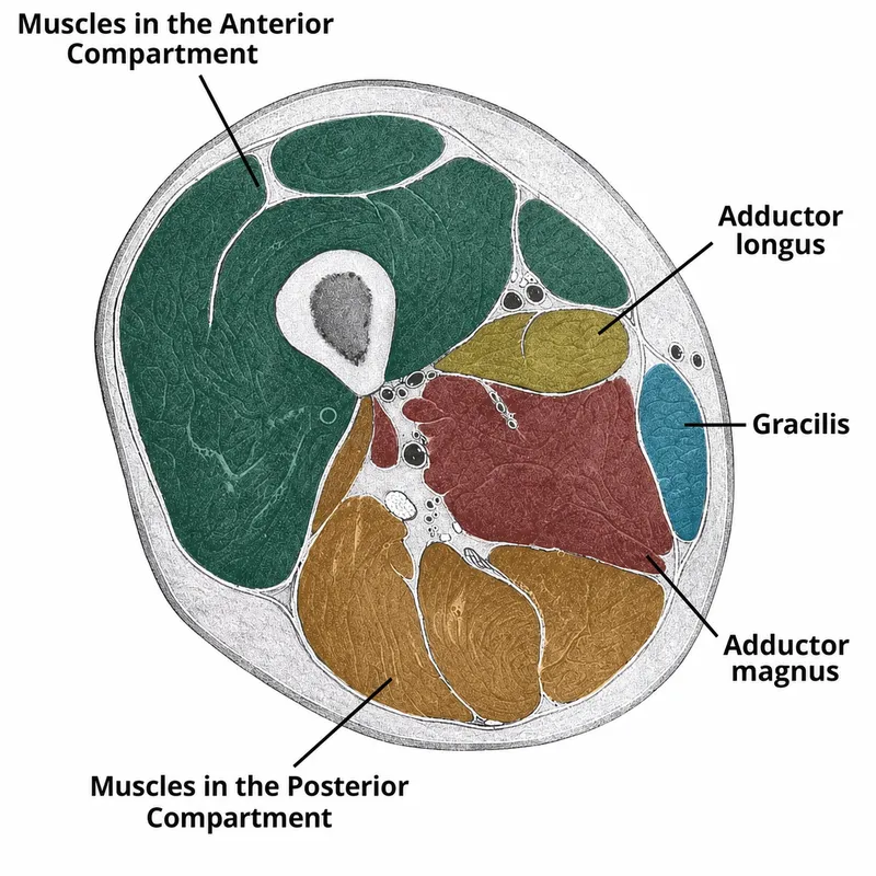 Axial cross-section of thigh showing muscle compartments