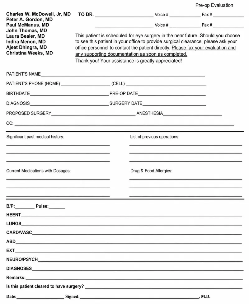 Ophthalmic Patient Pre-operative Evaluation Form