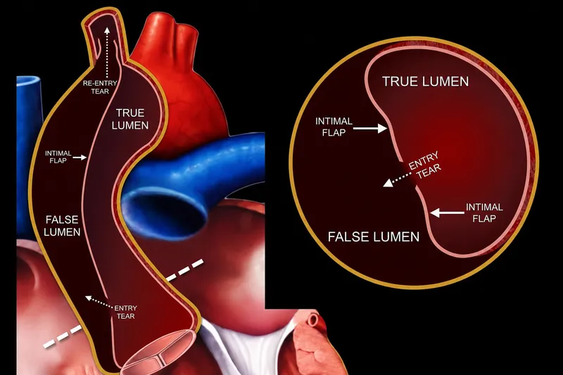 CT angiogram showing aortic dissection with intimal flap