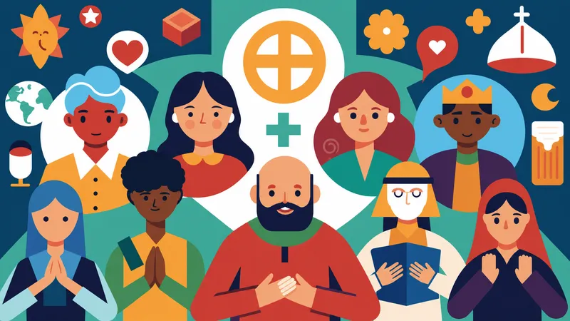 Diverse people and cultural/religious symbols