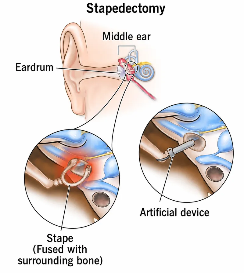 Stapedectomy: Fused stapes replaced with artificial device