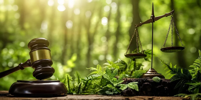 Environmental Law Symbolism: Gavel, Scales, Greenery