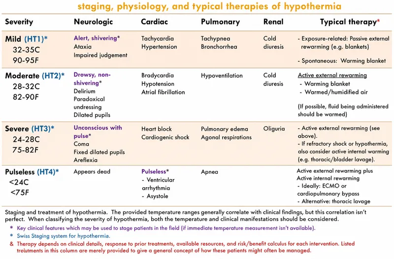Hypothermia Staging, Physiology, and Therapies Chart