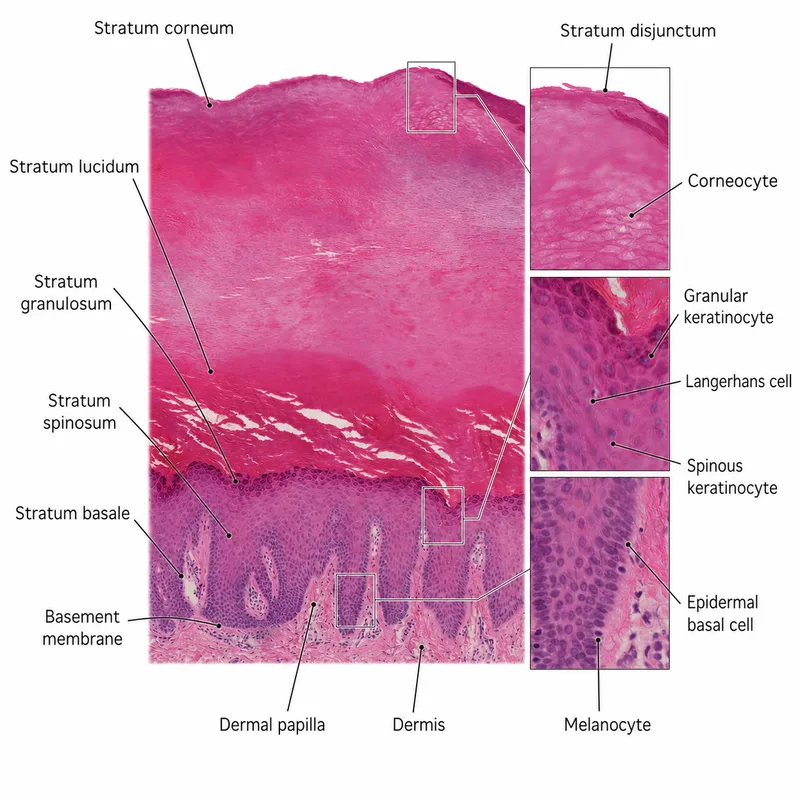 Detailed histological view of epidermal layers with cellular differentiation