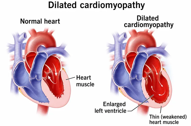 Cardiac MRI showing dilated cardiomyopathy with reduced ejection fraction