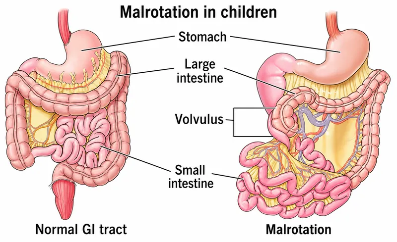 Normal GI tract vs. Malrotation with Volvulus