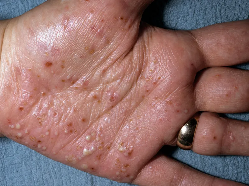 Sterile pustules on palm in Palmoplantar Pustulosis