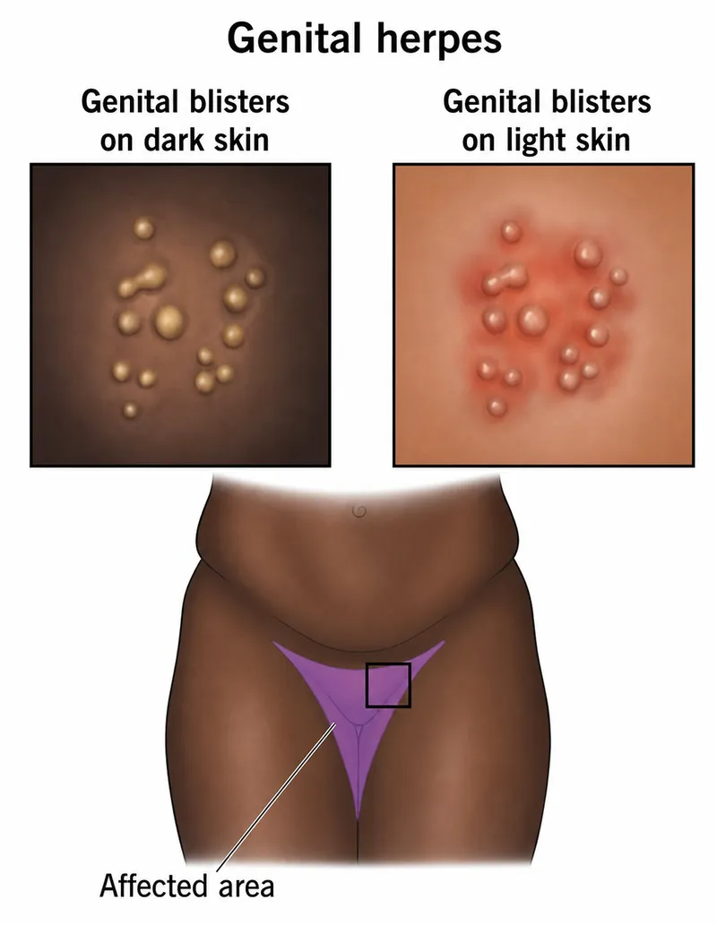 Genital herpes blisters on dark and light skin