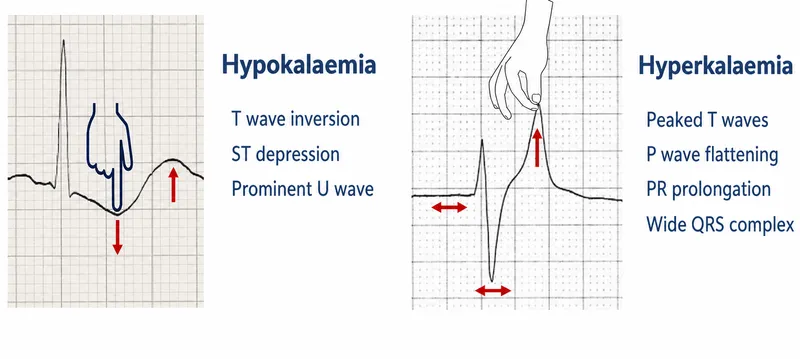 ECG changes in Hypokalemia vs Hyperkalemia