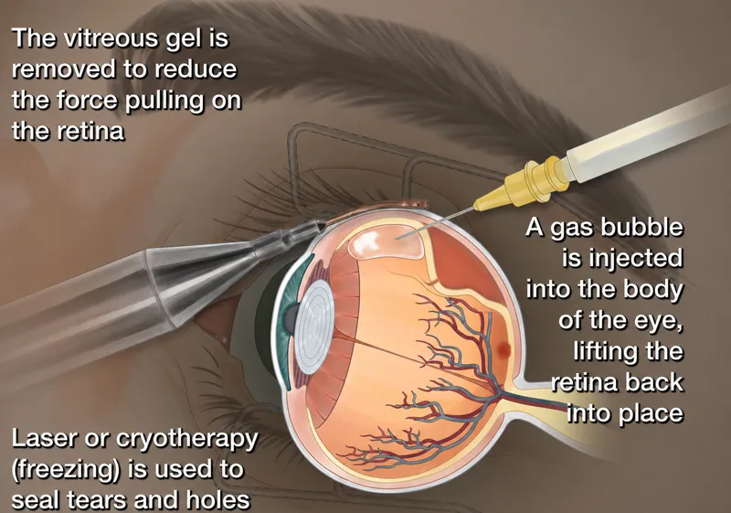 Retinal Detachment Repair: Vitrectomy, Gas Bubble, Laser