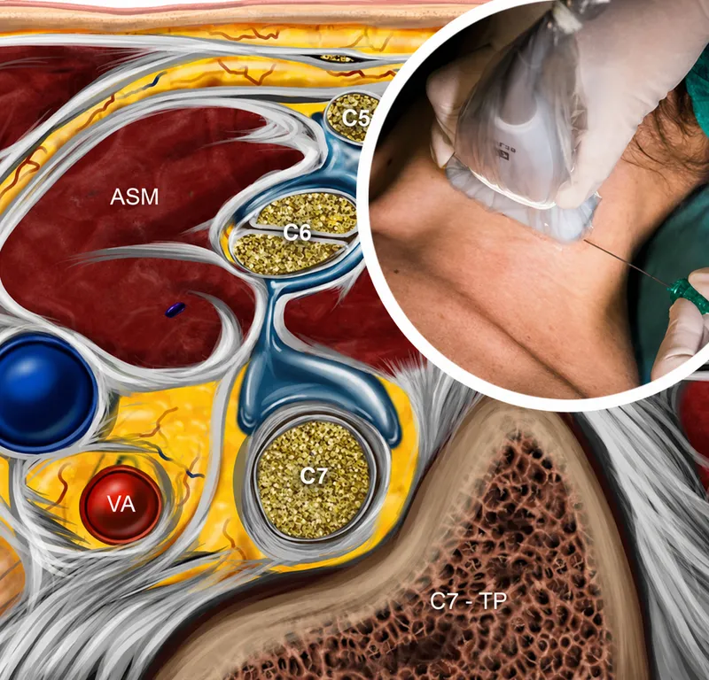 Anatomical diagram showing brachial plexus nerve distribution and block approach levels
