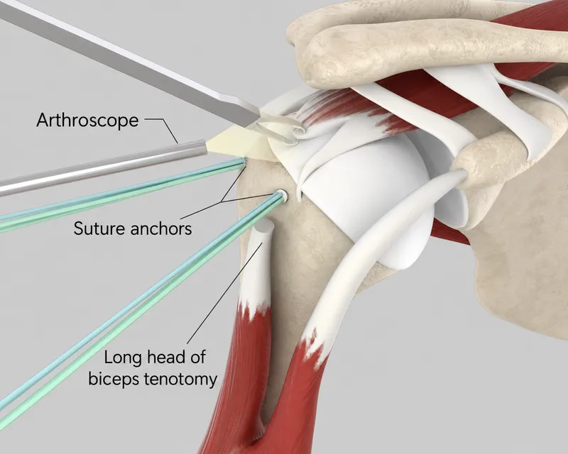 Arthroscopic view of shoulder with suture anchors