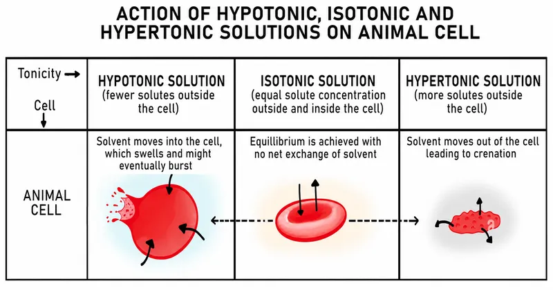 Animal cell in hypotonic, isotonic, and hypertonic solutions