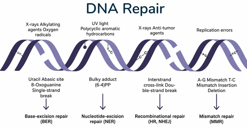 DNA damage types and repair mechanisms diagram