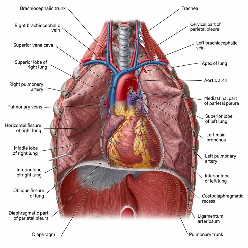 Anterior view of the thoracic cavity with lungs and heart