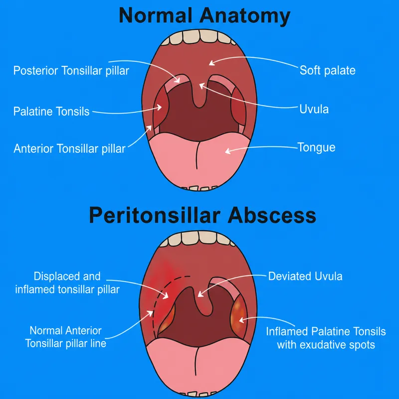 Peritonsillar Abscess vs Normal Anatomy