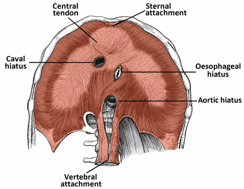 Diaphragm: Anterior view with attachments and hiati
