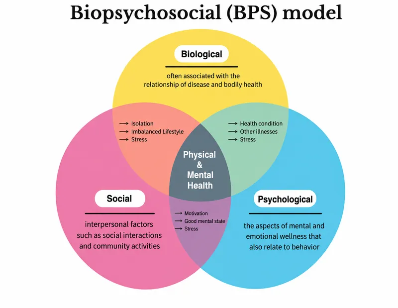 Biopsychosocial model diagram showing interconnected psychological, biological, and social factors