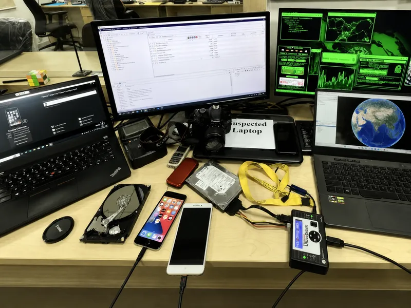 Digital forensics lab with various devices and software