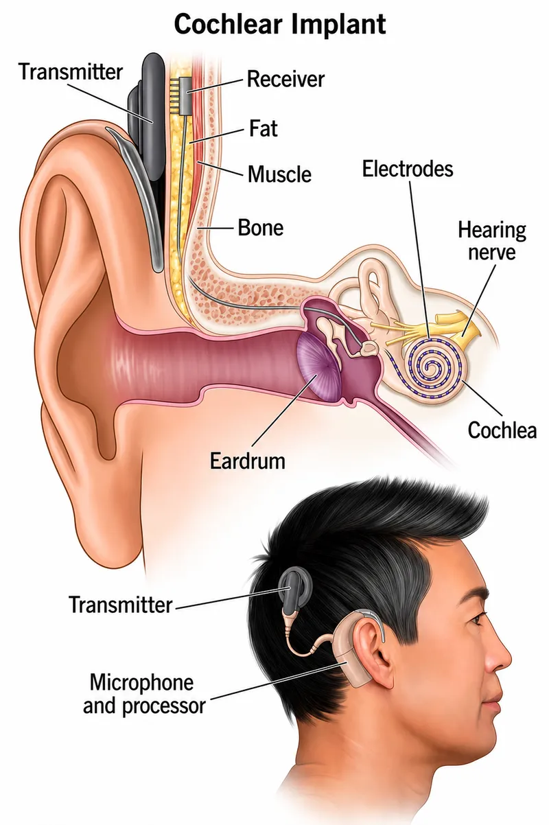 Cochlear implant components and surgical placement diagram