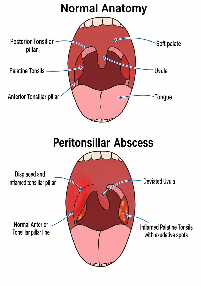 Peritonsillar Abscess vs Normal Anatomy