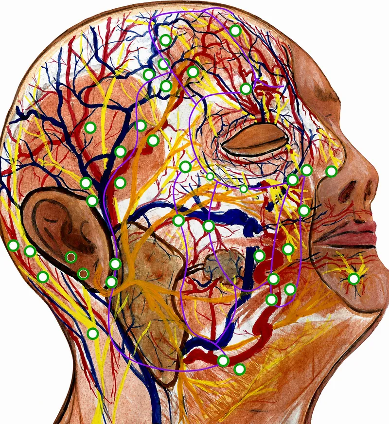 Facial blood supply anatomy showing major arteries and perfusion zones