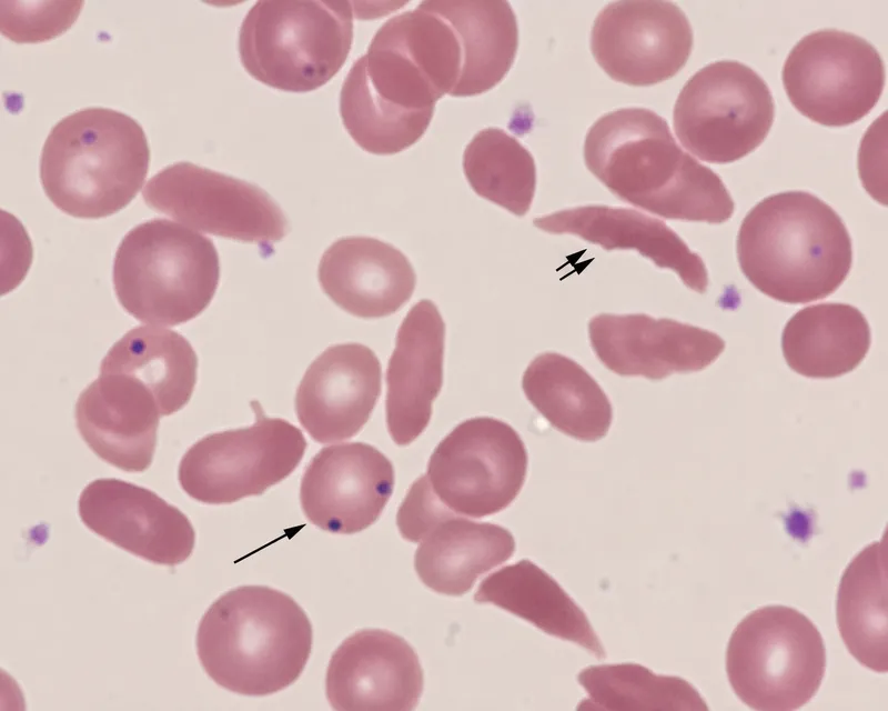 Peripheral blood smear: sickle cells, Howell-Jolly bodies
