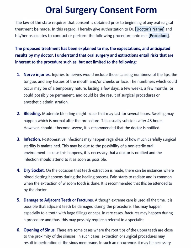 Oral Surgery Consent Form: Risks and Complications