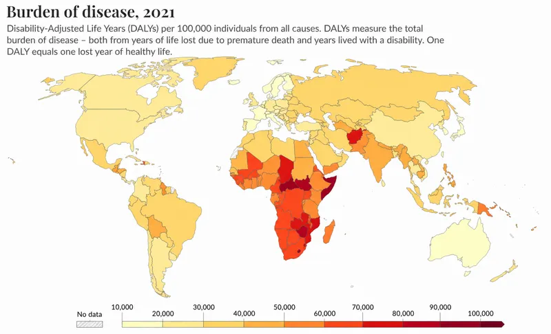 World map showing global disease burden distribution by income level