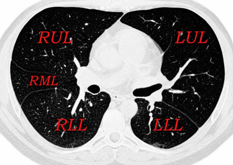 Axial CT Thorax Lung Window with Lobe Labels
