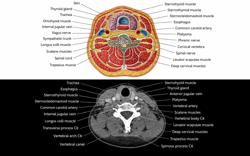 Axial neck anatomy: illustration vs. CT scan