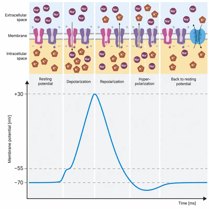 Action potential phases, ion channels, and ion flow