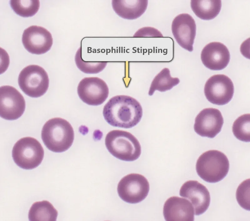 Peripheral smear: Basophilic stippling in thalassemia