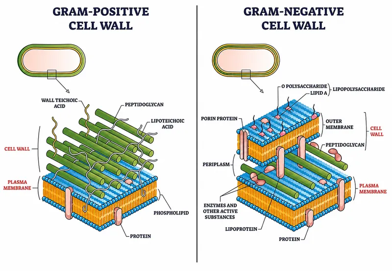 Detailed bacterial cell wall structure comparison Gram positive negative
