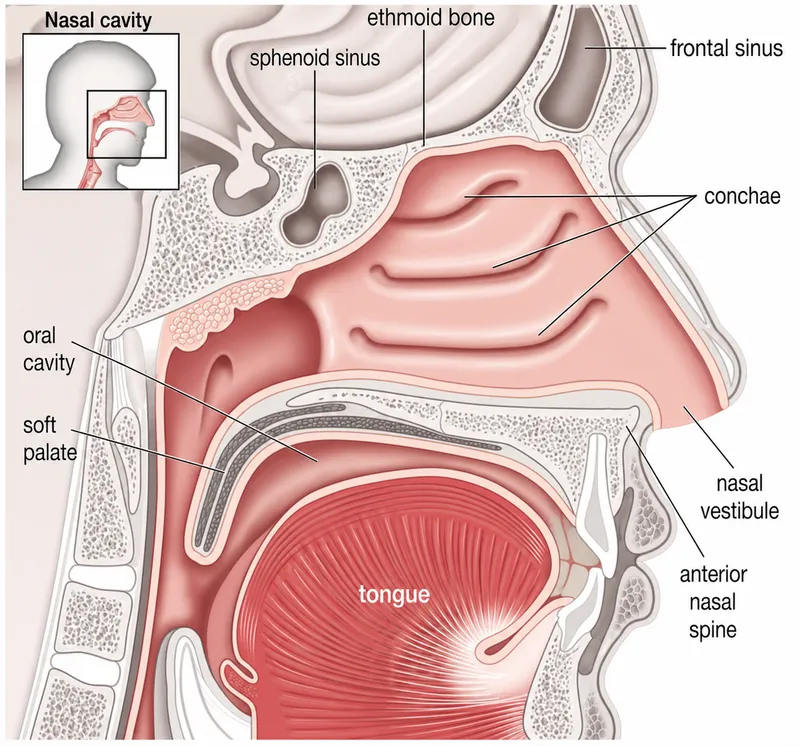 Sagittal view of oral cavity, nasal cavity, and pharynx