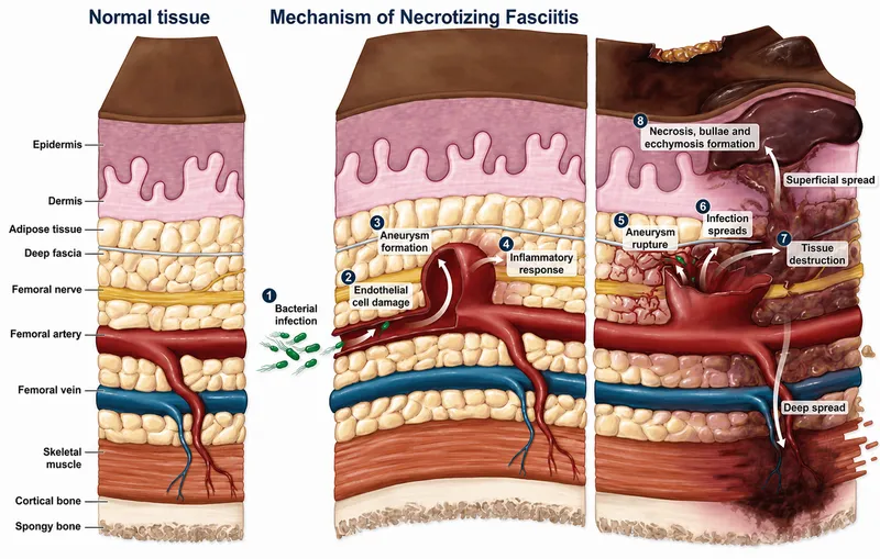 Microscopic view of necrotizing fasciitis