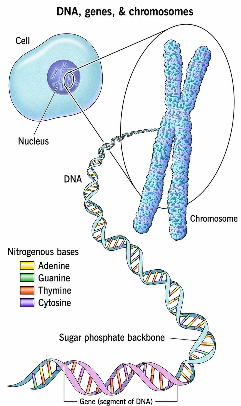 DNA, genes, and chromosomes relationship diagram