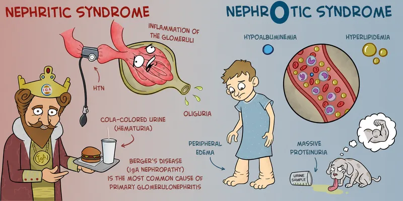 Comparison diagram showing nephritic vs nephrotic glomerular changes