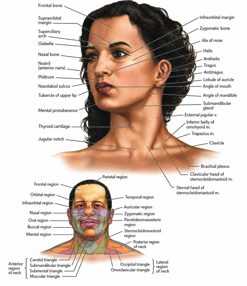 Head and neck surface anatomy with regions and triangles