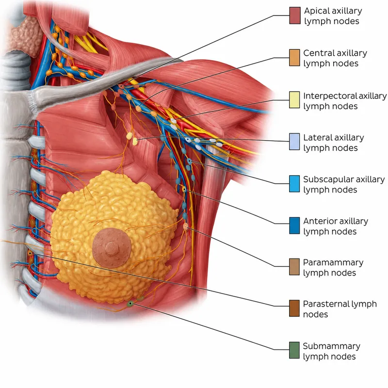 Breast lymphatic drainage to axillary and parasternal nodes