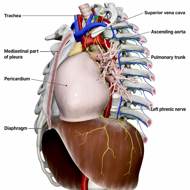 Middle mediastinum: pericardium, heart, phrenic nerve