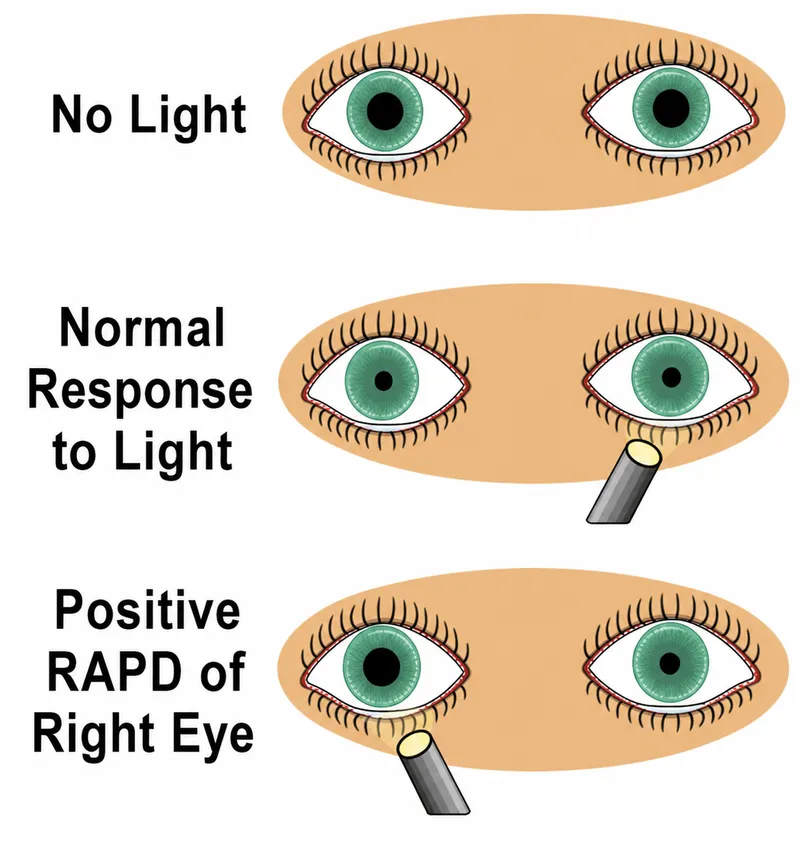 Clinical photograph demonstrating relative afferent pupillary defect testing with swinging flashlight