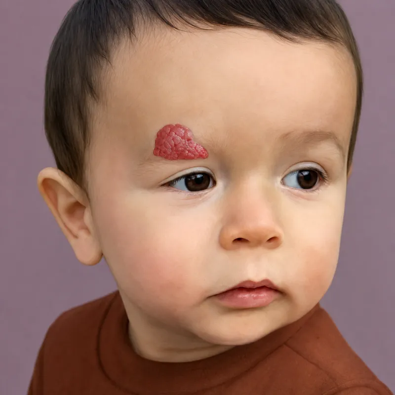 Superficial infantile hemangioma on infant's forehead