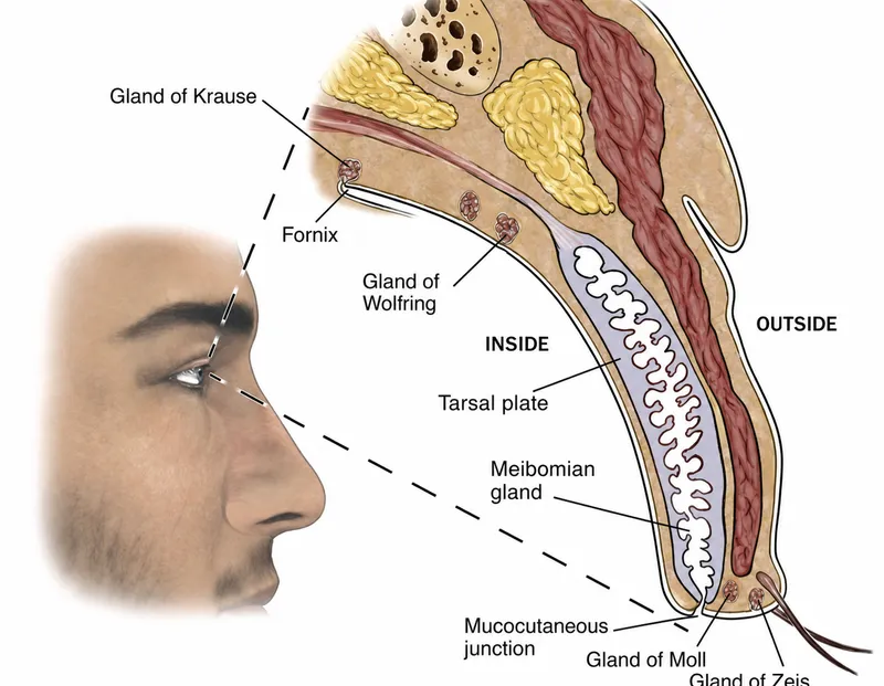 Upper eyelid anatomy cross-section with glands