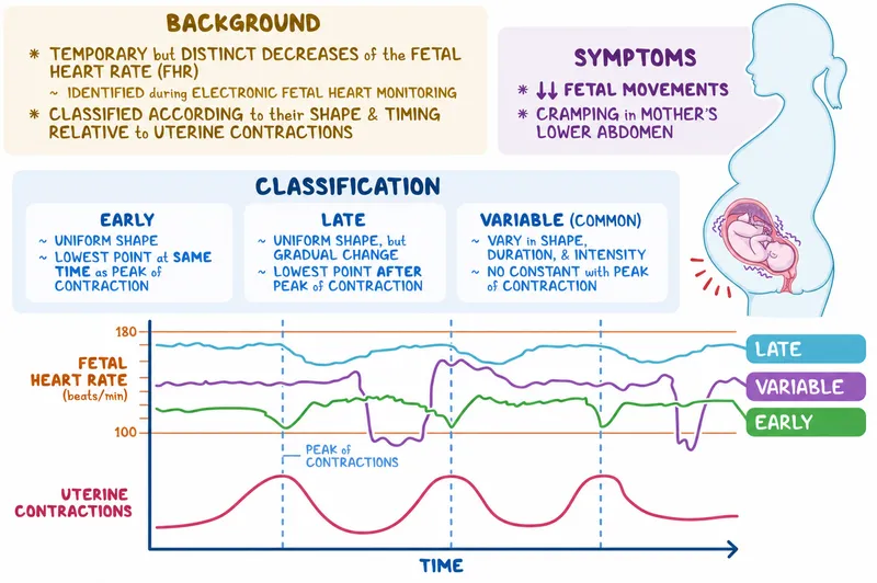 Electronic fetal monitoring showing late decelerations pattern