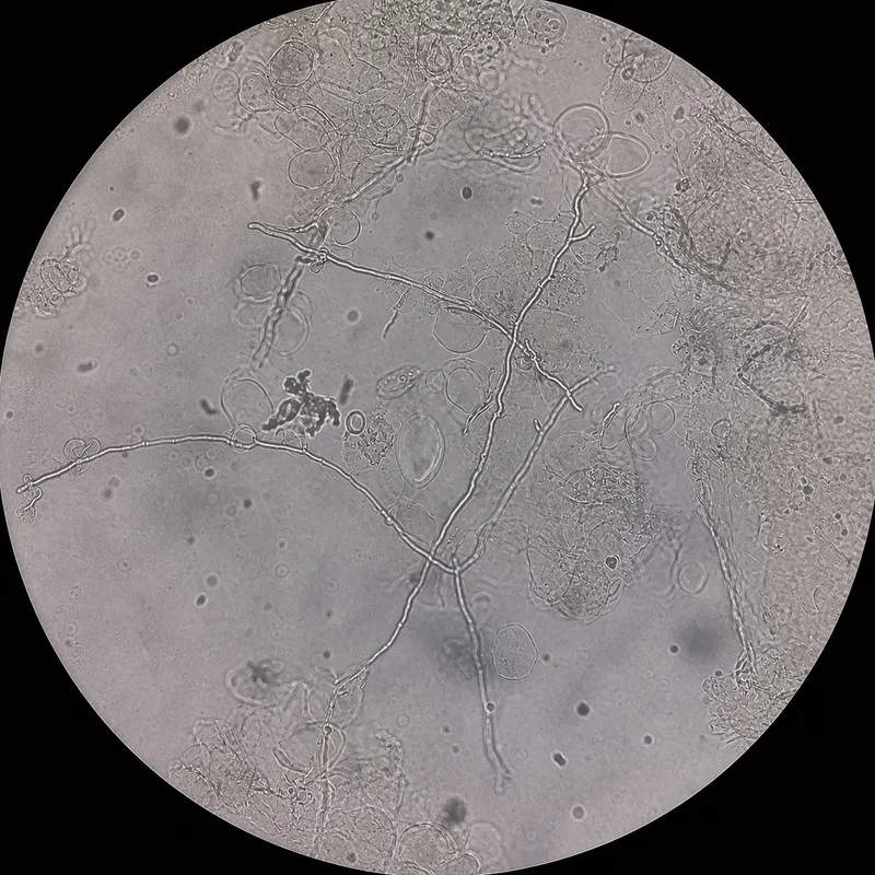 Microscopic view of dermatophyte hyphae in skin scraping